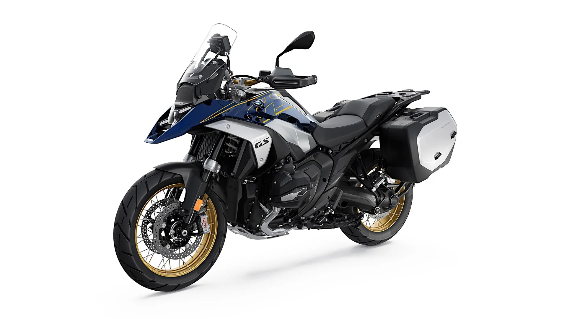 Wariant Option 719 Biscaya w kolorach Imperialblue metallic / Whitealuminium metallic mat ze złotymi obręczami — ujęcie studyjne